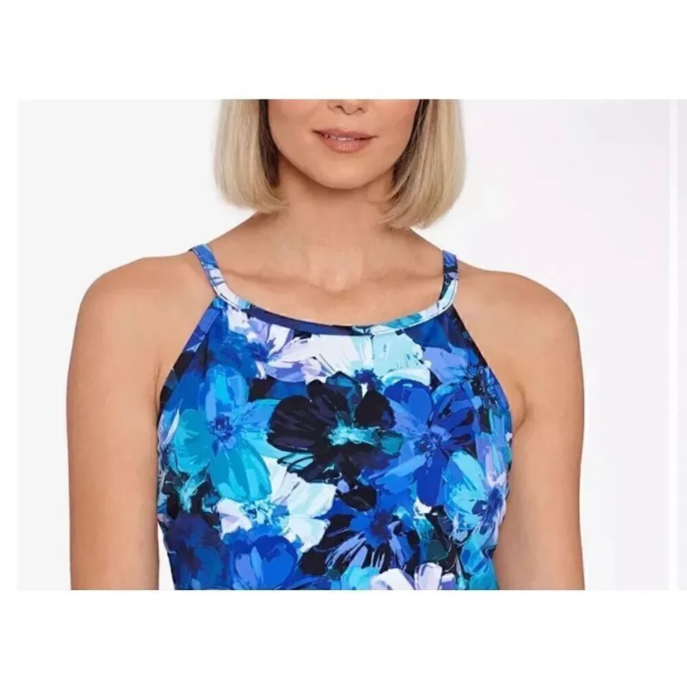 Swim Solutions Women's Tankini Top Blue Floral Swim Swimsuit Underwire